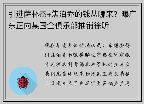 引进萨林杰+焦泊乔的钱从哪来？曝广东正向某国企俱乐部推销徐昕